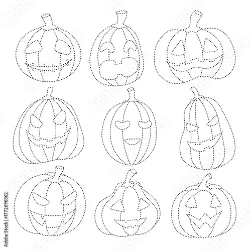A set of nine Halloween pumpkins tracing with different expressions