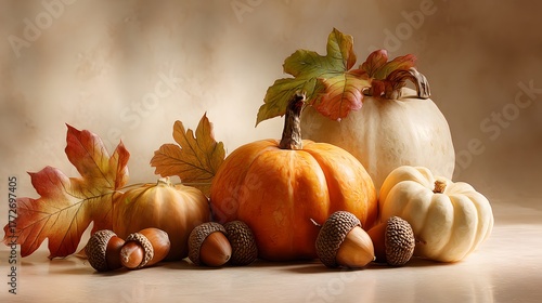 Sophisticated Autumn Scene with a Balanced Arrangement of Colorful Foliage, Robust Pumpkins, and Delicate Acorns on a Smooth Beige Background Enhanced by Soft Lighting and Subtle Gradients