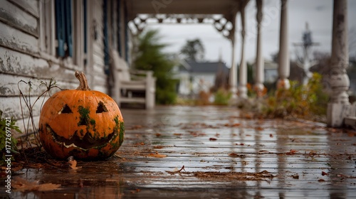 Abandoned Rotting Jackolantern on a Rain-Drenched Porch with Overcast Autumn Skies and a Striking, Somber Banner Design