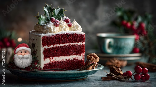 Modern Flat Postcard Showcasing a Vivid Red Velvet Cake with Crisp Winter Styling and Santa-Inspired Embellishments