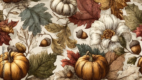 Intricate Vintage Autumn Composition with Diverse Leaves, Pumpkins and Acorns on a Gentle Beige Background Exhibiting Warm Natural Textures and Elegant Organic Details