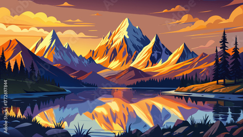 Very beautiful panoramic landscape of the Sawtooth Mountain Range in Idaho, USA, with a golden sunrise illuminating the peaks and perfect glass-like reflections on Pettit Lake, creating a serene Rocky