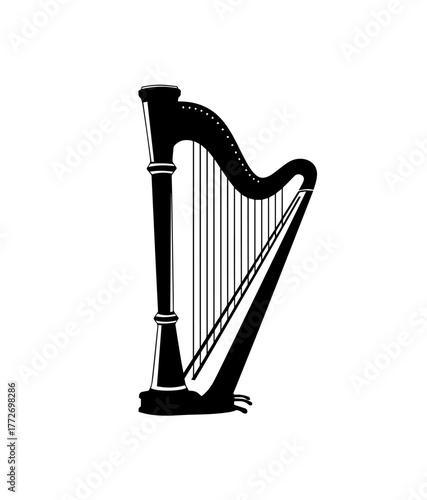 A striking black silhouette of an elegant pedal harp, showcasing its classic curved frame, strings, and pillar in a clean, minimalist vector style