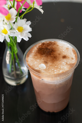 Premium cacao drink made from high-quality cocoa beans, mixed with milk and ice. Refreshing to drink.