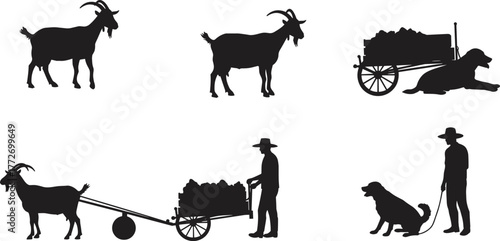 Goat dog cart silhouette vector, animal labor illustration, rural transport artwork, black flat design, cad drawing flat vector illustration