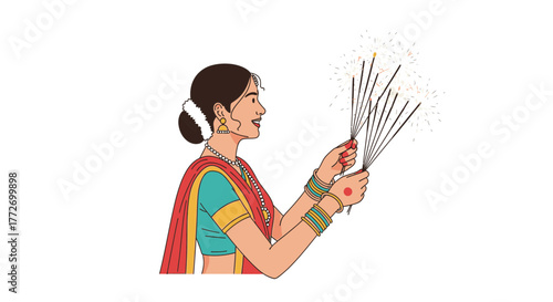 Radiant Indian woman celebrates Diwali with sparklers, her colorful sari reflecting the joy and light of the festival, perfect for cultural events