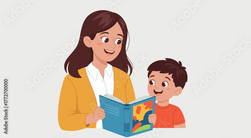 Heartwarming Educational Illustration. Teacher Reading Story to Boy A Heartwarming Educational Scene