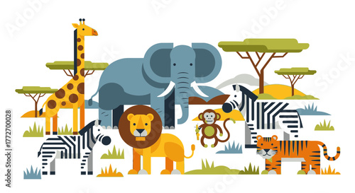 Vibrant safari animals gather in a stylized African landscape, perfect for educational and playful designs