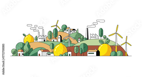 Vibrant eco-friendly landscape illustration with lemons, wind turbines, and modern homes showcasing sustainable living and industry