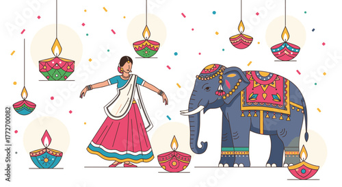 Joyful Indian dancer gracefully moves beside ornate elephant adorned with festive decorations and glowing diyas celebrating culture and tradition