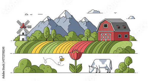 Vibrant farm landscape bursts with life featuring a red barn, windmill, grazing cow, blooming tulip, and playful bee against majestic mountains