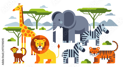 Whimsical cartoon savanna animals gather in a vibrant, stylized landscape, perfect for children's books and educational projects