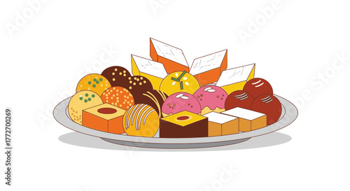 Vibrant platter of assorted colorful Indian sweets offering a delightful taste of celebration and festivity