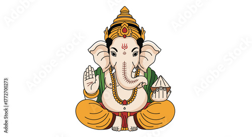 Divine Ganesha deity blesses with auspicious offerings in vibrant, artistic portrayal, symbolizing wisdom, prosperity, and new beginnings for spiritual celebrations