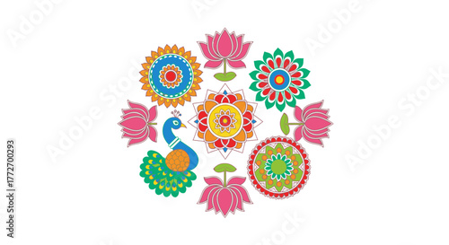Vibrant peacock and colorful floral mandala patterns create an auspicious decorative design perfect for festive celebrations and cultural events.
