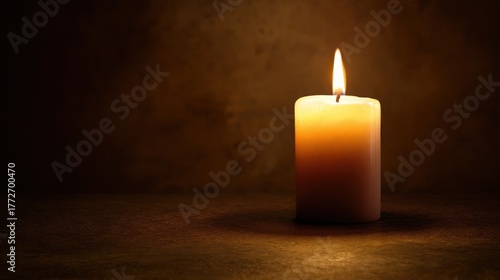 single candle glowing softly, warm light, dark cozy background, calm and peaceful, minimalist composition