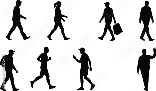 Human walking silhouette vector, casual standing poses, urban lifestyle illustration, black flat people artwork, cad drawing flat vector illustration