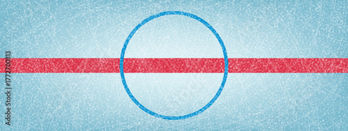 Hockey rink's center ice texture background with a close-up of the red line passing through the blue face-off circle on a scratched ice surface