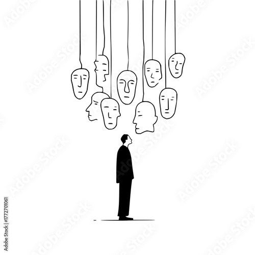 A man in a suit stands looking up at hanging faces with string in a minimalist black and white drawing style