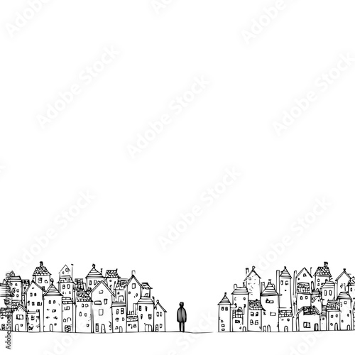 Illustration of a lone figure standing between two groups of buildings in a monochrome drawing style scene