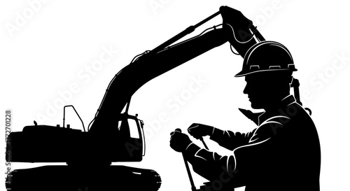 Construction Worker and Excavator Silhouette – Industrial Labor and Safety Concept