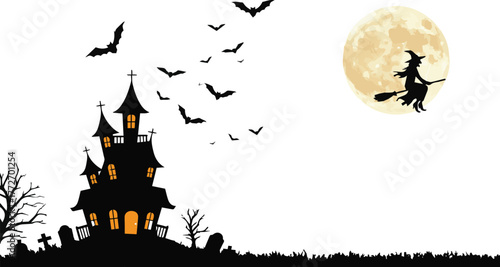Spooky Halloween Night Haunted House, Witch, and Bats under a Full Moon
