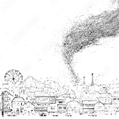 Cityscape view with ferris wheel and industrial smoke plume in a black and white sketch style drawing