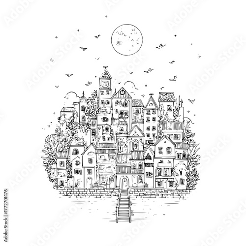 Illustration of a whimsical townscape with various buildings under a full moon and flying birds art