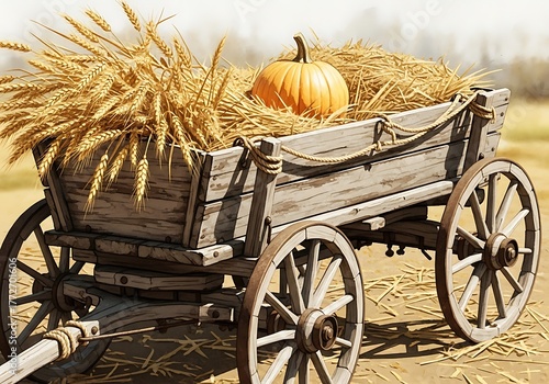Rustic wooden cart filled with hay, wheat, and a pumpkin in a field