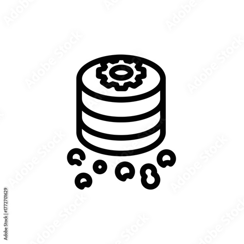A minimalist line icon of a stacked database server with a gear on top, symbolizing data processing and management with scattered data bits below.
