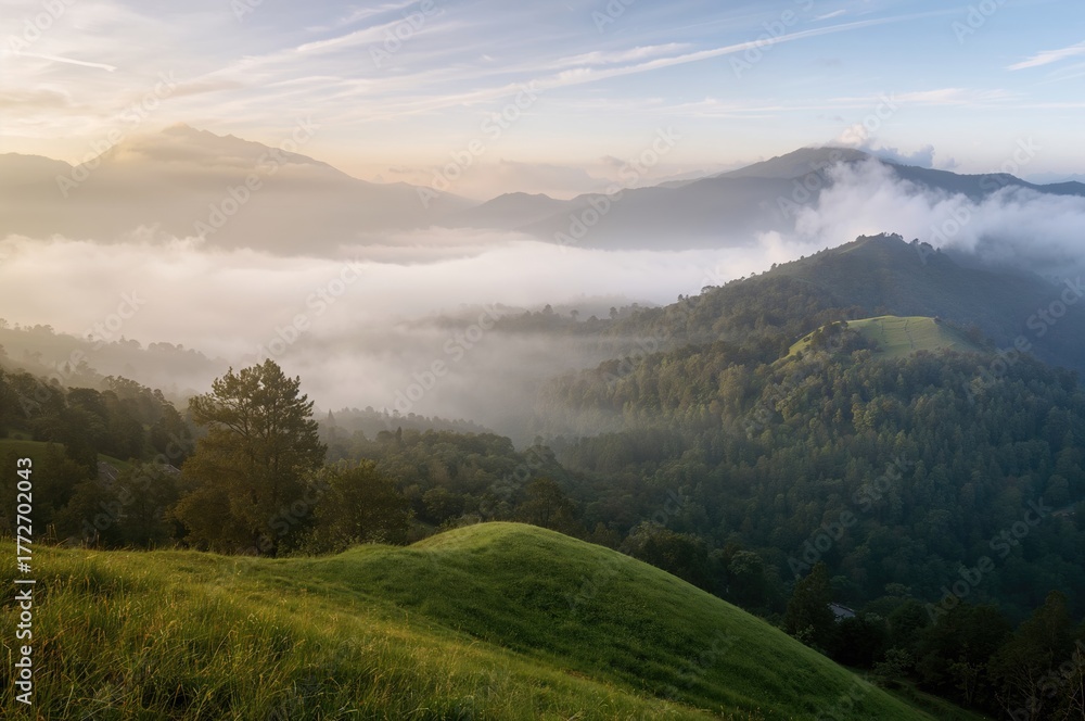 Obraz premium Fog blankets the mountains at daybreak