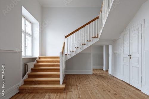 Bright residential interior space features light wooden staircase ascending against clean white walls