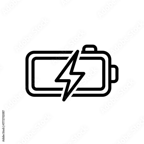 Battery Icon with Lightning Bolt Symbol, Black Outline, Energy Concept, Minimalist Design.