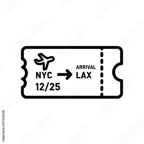 Black and White Airplane Ticket Icon Depicting Flight from NYC to LAX on Christmas Day.