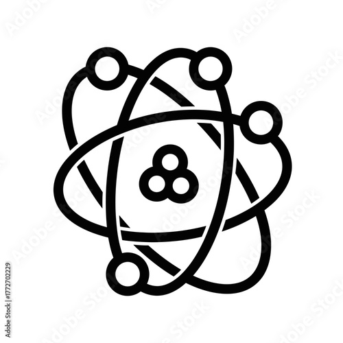 Black and white atom icon with orbiting electrons and a central nucleus.