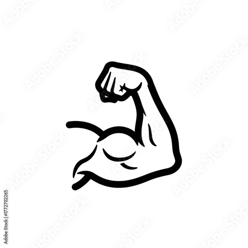 Black and White Cartoon Arm Flexing, Showing Bicep and Fist, Vector Illustration.