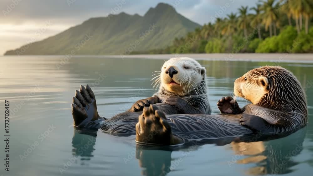Video Stock Two adorable sea otters floating peacefully on their backs ...