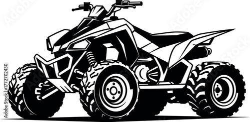 A black and white illustration of a four-wheel all-terrain vehicle (ATV) parked on a white background, showcasing its rugged tires and sporty design.