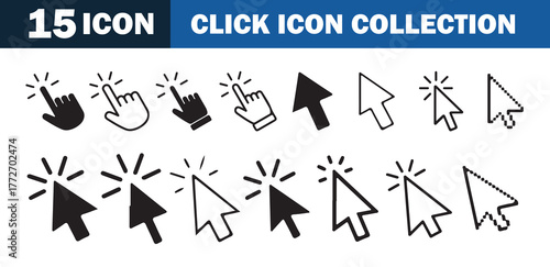 Cursor Click and Hand Touch Icons – Flat Outline Symbols for UX Design