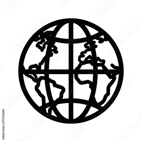 Black and White Globe Outline with Visible Continents and Meridian Lines.