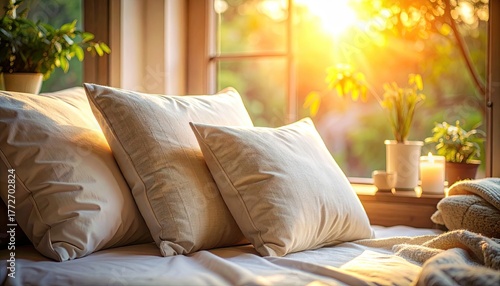 Cozy White Pillows on a Window Seat Bathed in Warm Sunlight