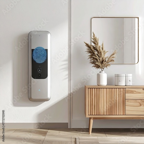 Modern Wall Mounted Smart Home Device with Blue Illuminated Display in a Minimalist Interior
