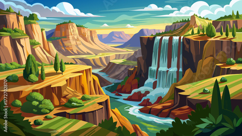 Very beautiful overlooking view of Twin Falls, Idaho, USA, featuring rugged cliffs, flowing waterfalls, lush greenery, and expansive natural landscapes under a clear sky.