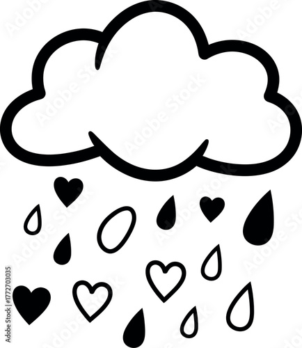 A whimsical black and white illustration depicts a fluffy cloud raining down a mixture of hearts and teardrop shapes, symbolizing gentle, loving precipitation or a tender emotional downpour.