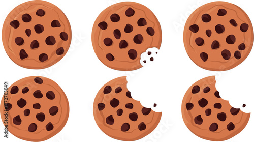 A collection of round, chocolate chip cookies, some whole and some with a bite taken out, arranged in a grid of six.
