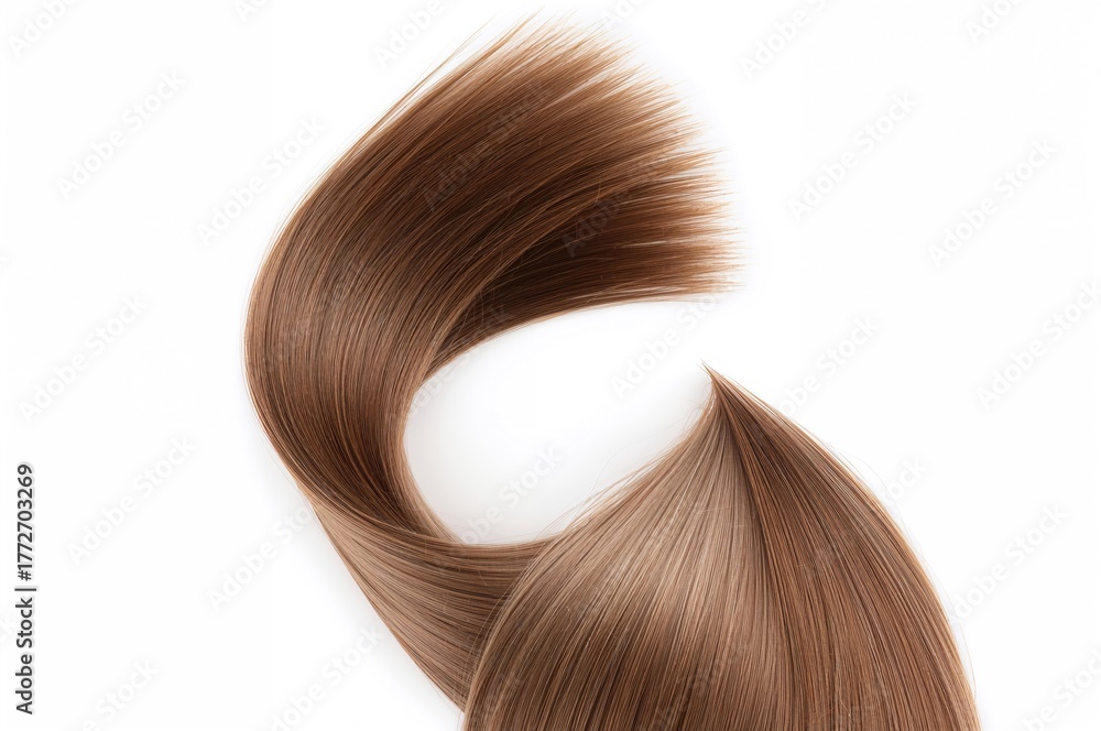 Fototapeta premium Single strand of smooth brown hair against a white background