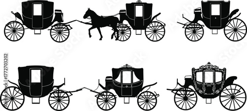 Vintage horse carriage silhouette vector, historical transport illustration, ornate wheel design, black flat artwork, cad drawing flat vector illustration