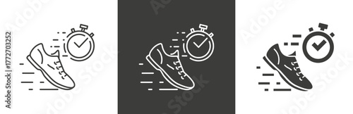 flat and linear set icons, sports shoes, speed concept, jogging footwear icon, runing sneaker, simple symbols on white and black background - editable stroke vector illustration