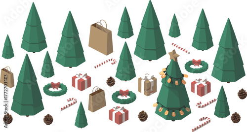 3D isometric Christmas illustration with decorated pine trees, gift boxes, candy canes, wreaths, lights, and festive holiday elements