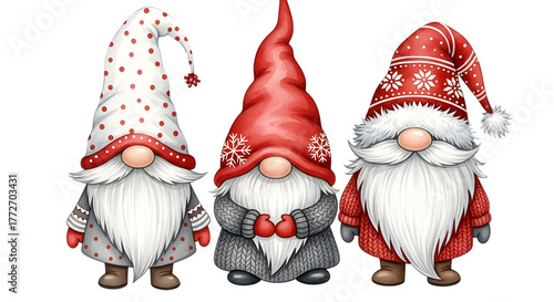 Three cute watercolor christmas gnomes with red hats and white beards, isolated on transparent background